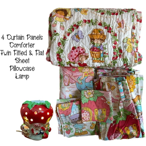Vintage Strawberry Shortcake Bedroom Set Lamp Curtains Bed Spread Twin Sheets - Picture 1 of 16
